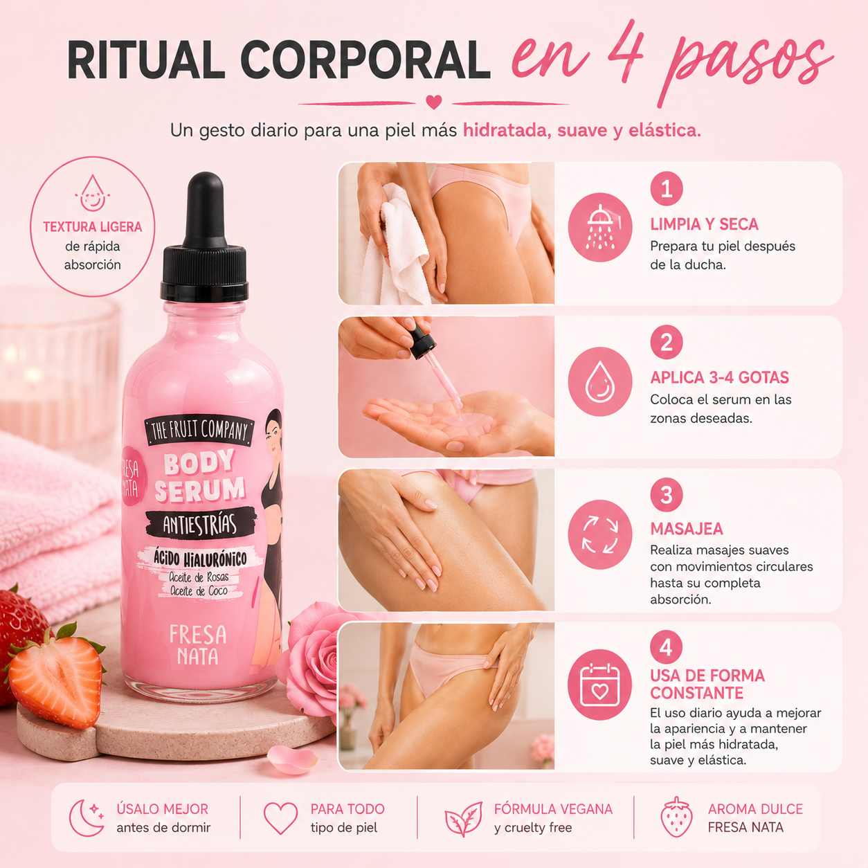 Serum Corporal Antiestrías Fresa Nata 120 ml | Ácido Hialurónico, Rosa y Coco
