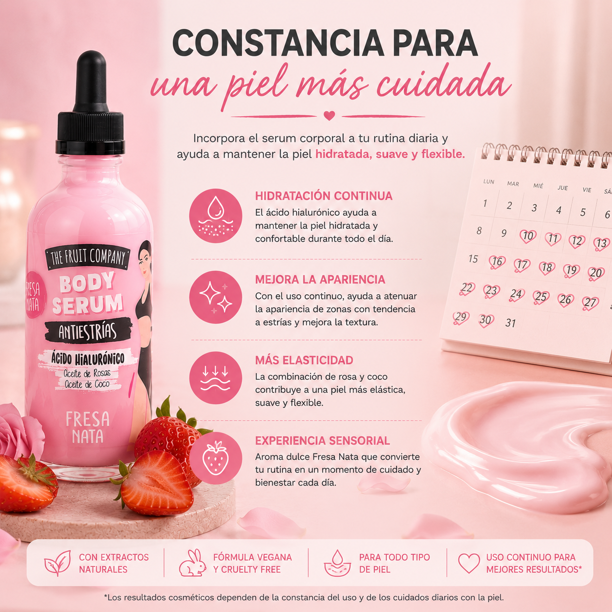 Serum Corporal Antiestrías Fresa Nata 120 ml | Ácido Hialurónico, Rosa y Coco