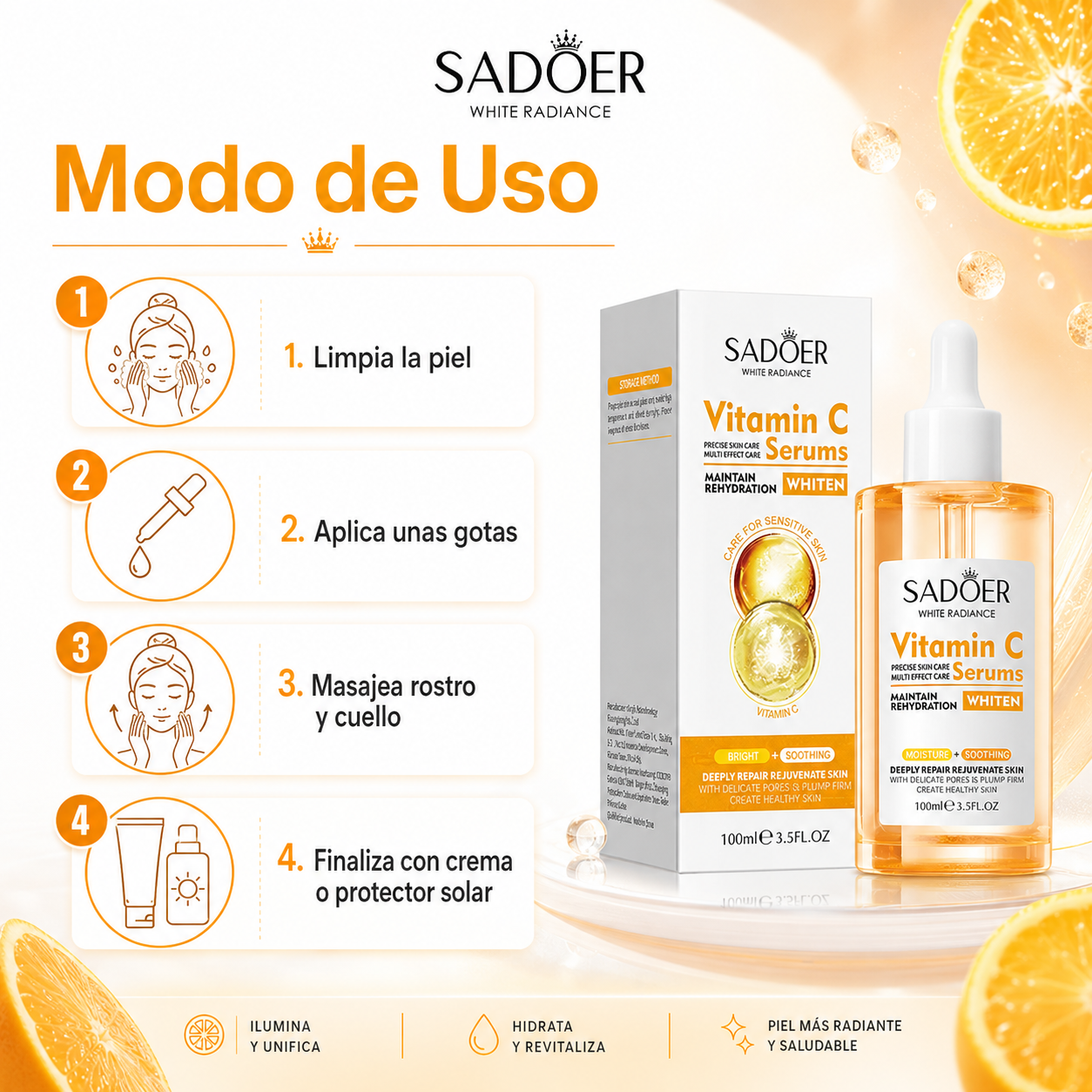 Sérum Facial SADOER con Vitamina C 100 ml | Luminosidad, Hidratación y Tono Uniforme