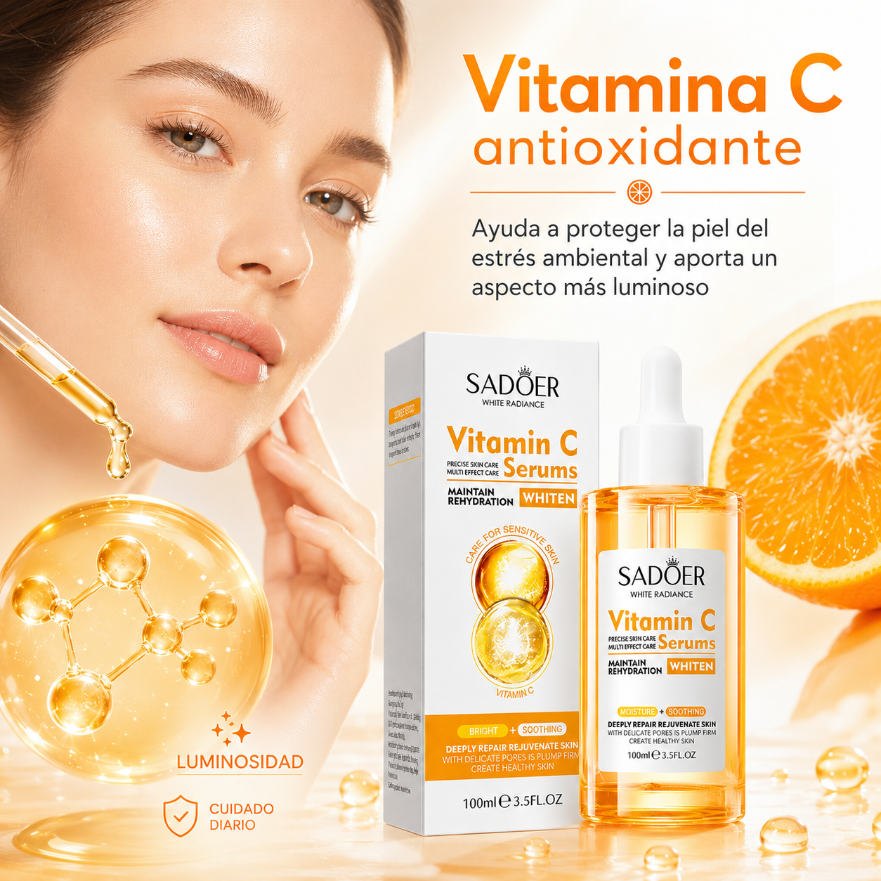 Sérum Facial SADOER con Vitamina C 100 ml | Luminosidad, Hidratación y Tono Uniforme