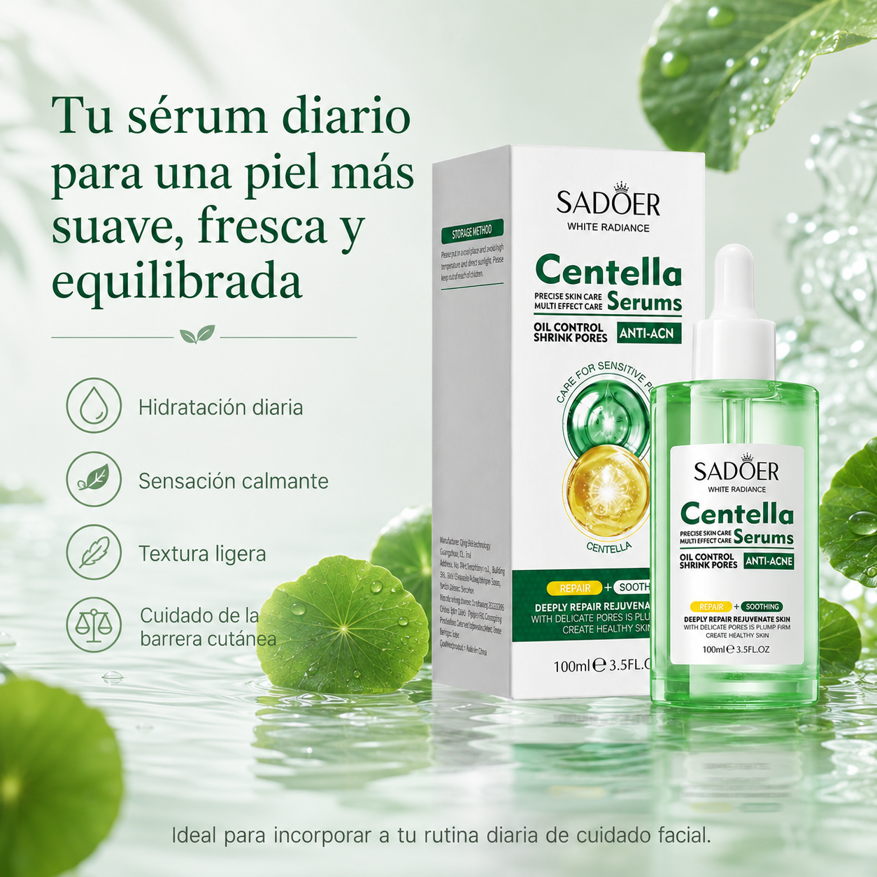 SADOER Sérum de Centella Asiática 100 ml con Vitamina B5, Ácido Hialurónico y Alantoína – Hidratación, Calma, Poros Visibles y Barrera Cutánea