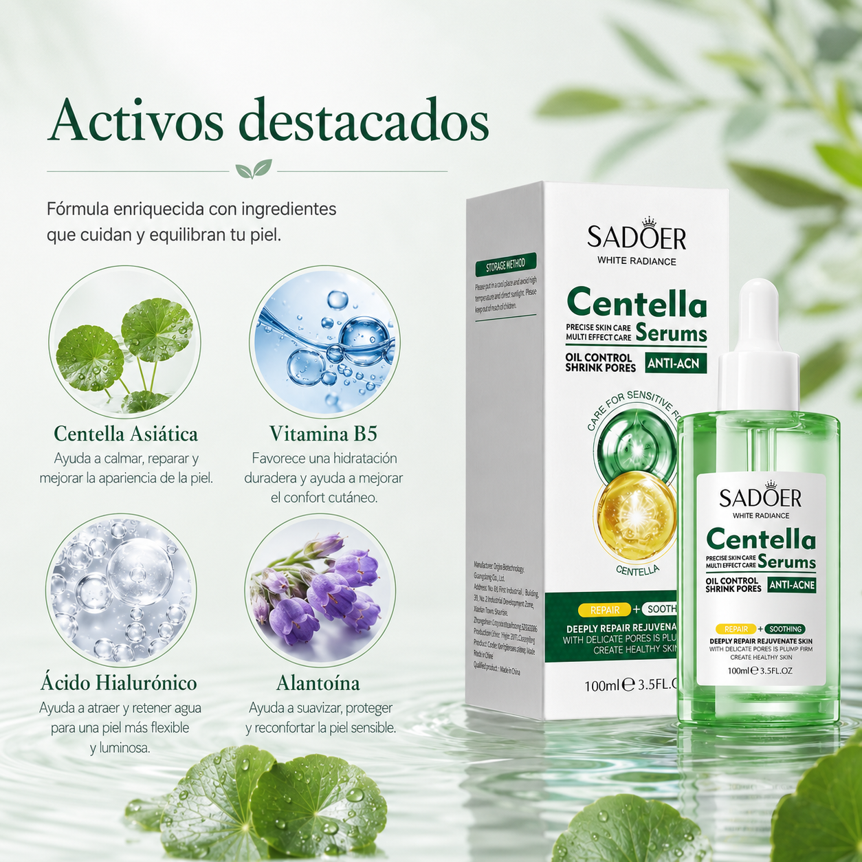 SADOER Sérum de Centella Asiática 100 ml con Vitamina B5, Ácido Hialurónico y Alantoína – Hidratación, Calma, Poros Visibles y Barrera Cutánea