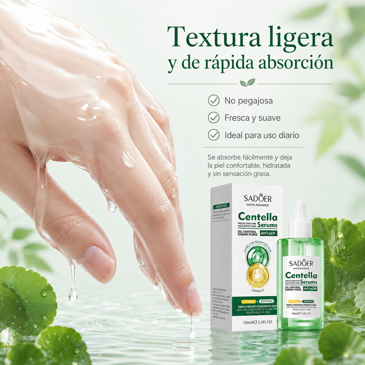 SADOER Sérum de Centella Asiática 100 ml con Vitamina B5, Ácido Hialurónico y Alantoína – Hidratación, Calma, Poros Visibles y Barrera Cutánea