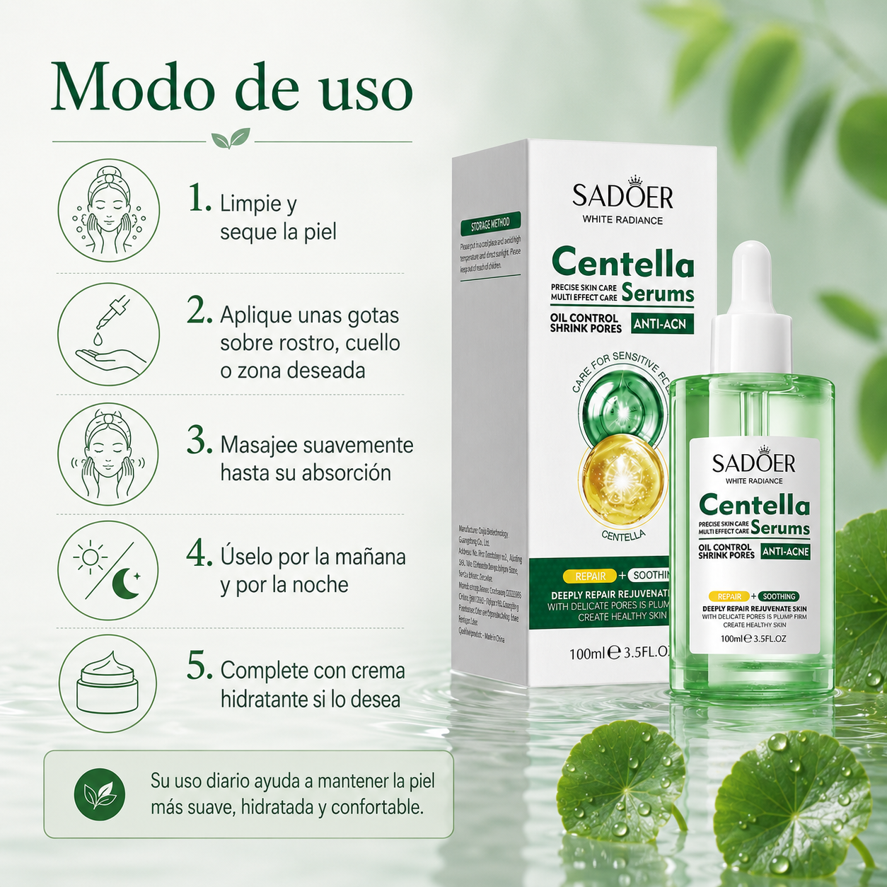 SADOER Sérum de Centella Asiática 100 ml con Vitamina B5, Ácido Hialurónico y Alantoína – Hidratación, Calma, Poros Visibles y Barrera Cutánea