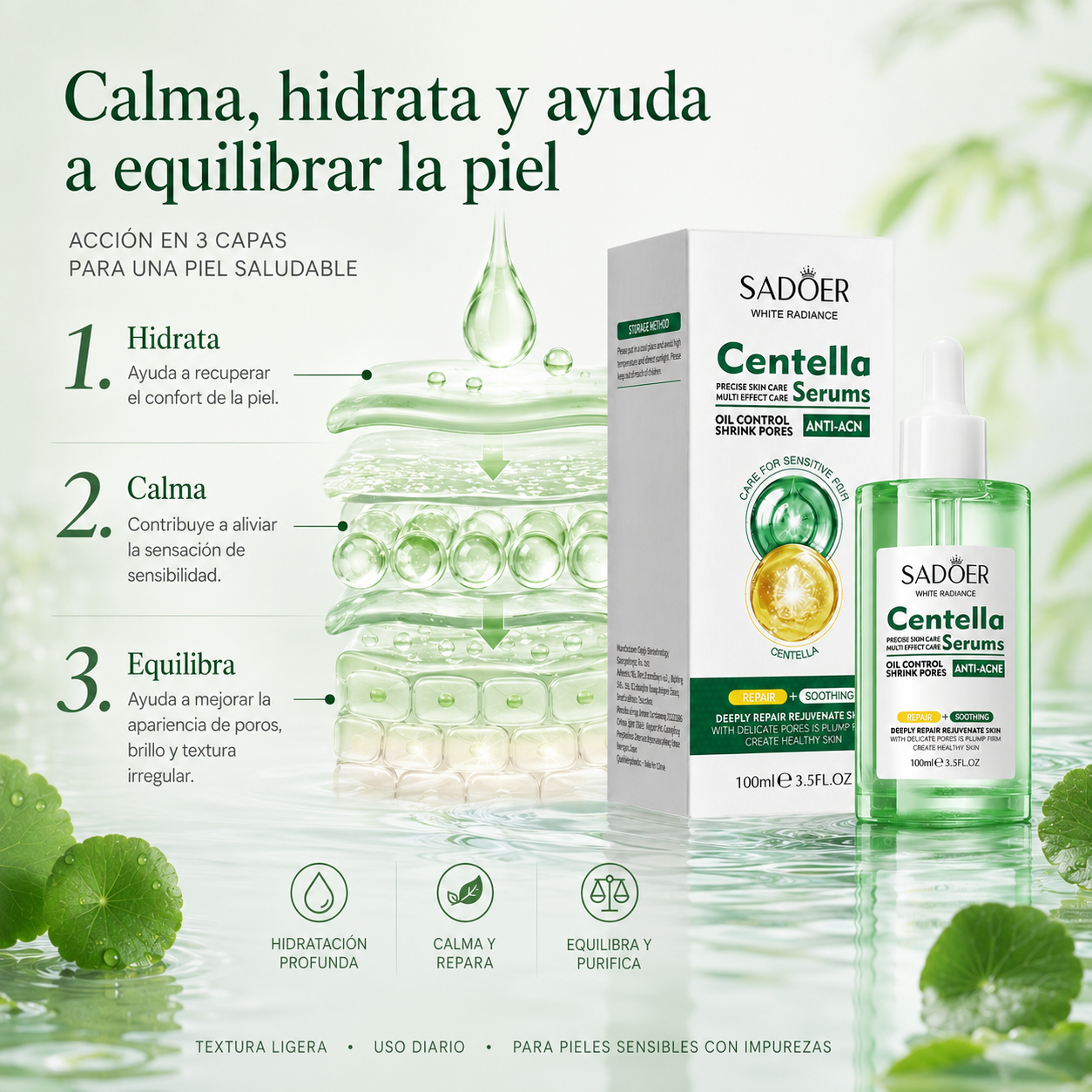 SADOER Sérum de Centella Asiática 100 ml con Vitamina B5, Ácido Hialurónico y Alantoína – Hidratación, Calma, Poros Visibles y Barrera Cutánea