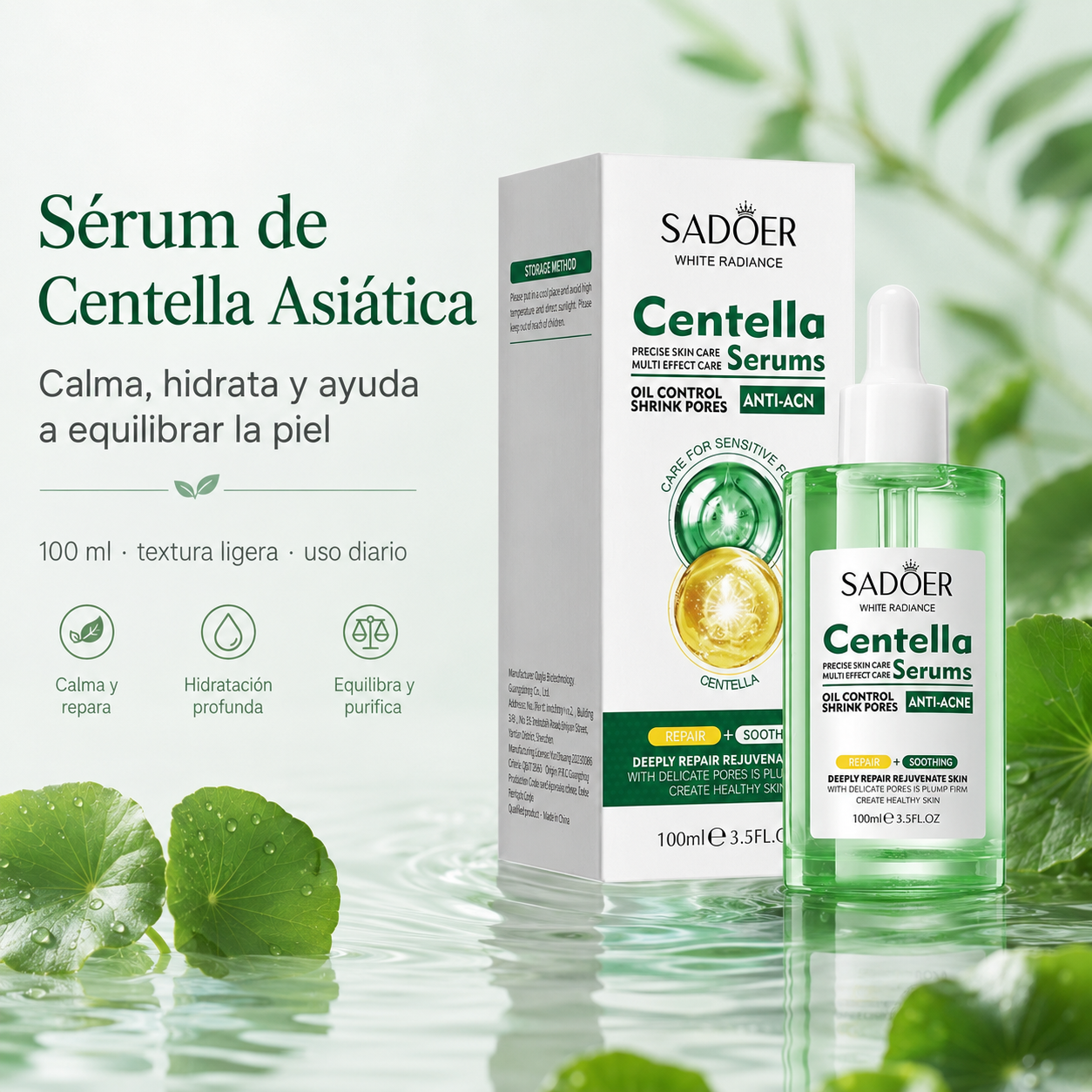 SADOER Sérum de Centella Asiática 100 ml con Vitamina B5, Ácido Hialurónico y Alantoína – Hidratación, Calma, Poros Visibles y Barrera Cutánea
