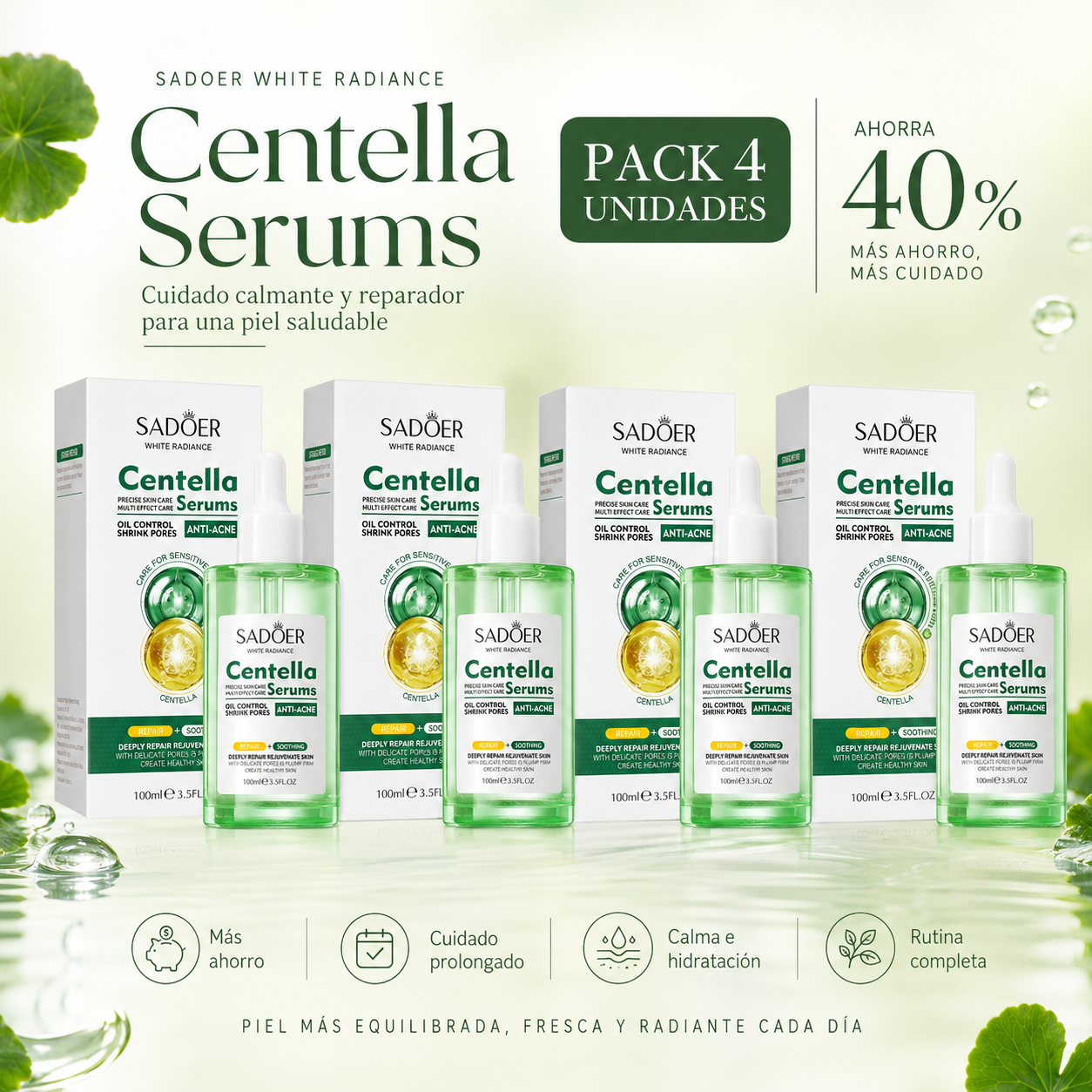SADOER Sérum de Centella Asiática 100 ml con Vitamina B5, Ácido Hialurónico y Alantoína – Hidratación, Calma, Poros Visibles y Barrera Cutánea