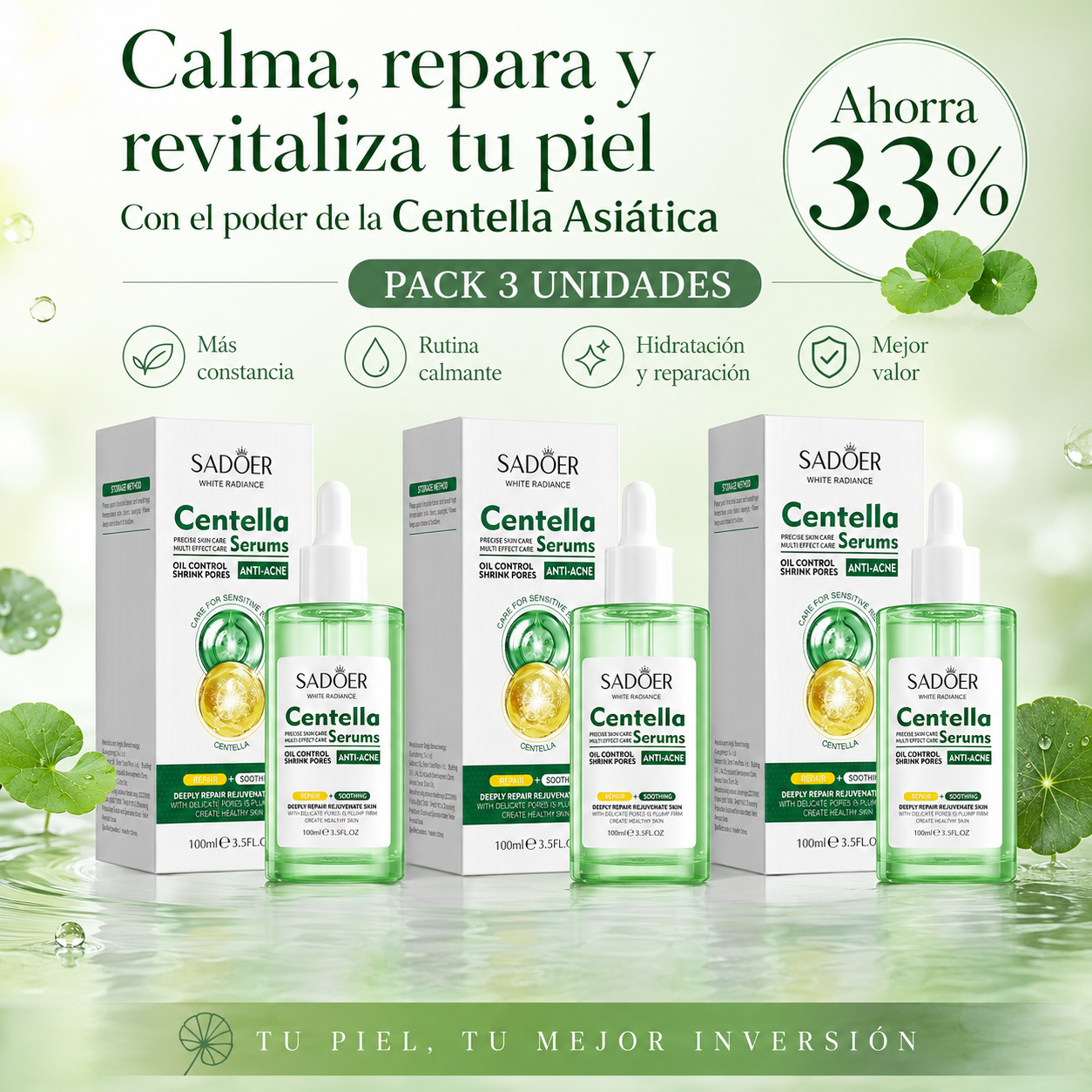 SADOER Sérum de Centella Asiática 100 ml con Vitamina B5, Ácido Hialurónico y Alantoína – Hidratación, Calma, Poros Visibles y Barrera Cutánea