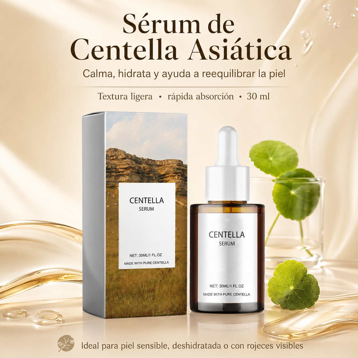 Sérum Facial de Centella Asiática con Niacinamida y Ácido Hialurónico – Hidratación, Calma y Barrera Cutánea, 30 ml
