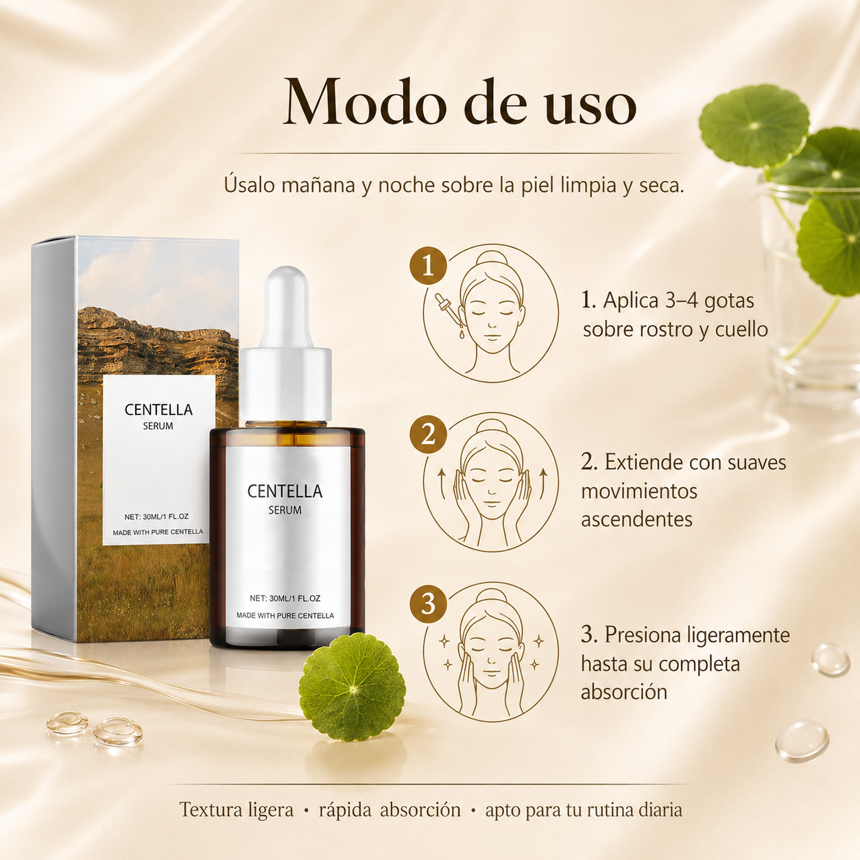 Sérum Facial de Centella Asiática con Niacinamida y Ácido Hialurónico – Hidratación, Calma y Barrera Cutánea, 30 ml
