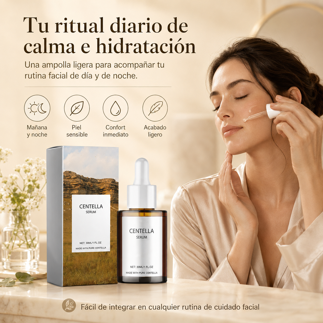 Sérum Facial de Centella Asiática con Niacinamida y Ácido Hialurónico – Hidratación, Calma y Barrera Cutánea, 30 ml