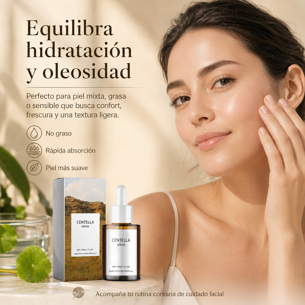Sérum Facial de Centella Asiática con Niacinamida y Ácido Hialurónico – Hidratación, Calma y Barrera Cutánea, 30 ml