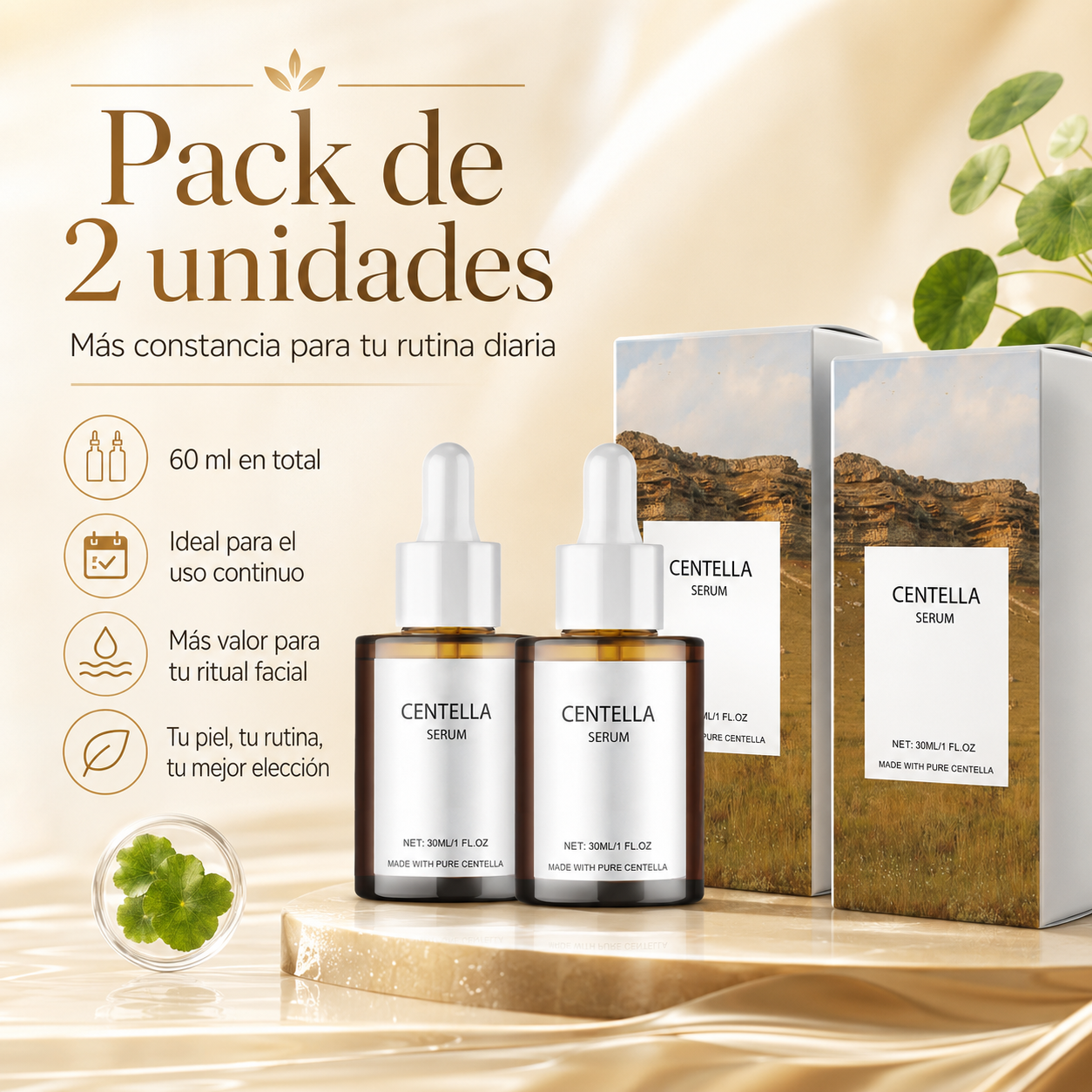Sérum Facial de Centella Asiática con Niacinamida y Ácido Hialurónico – Hidratación, Calma y Barrera Cutánea, 30 ml