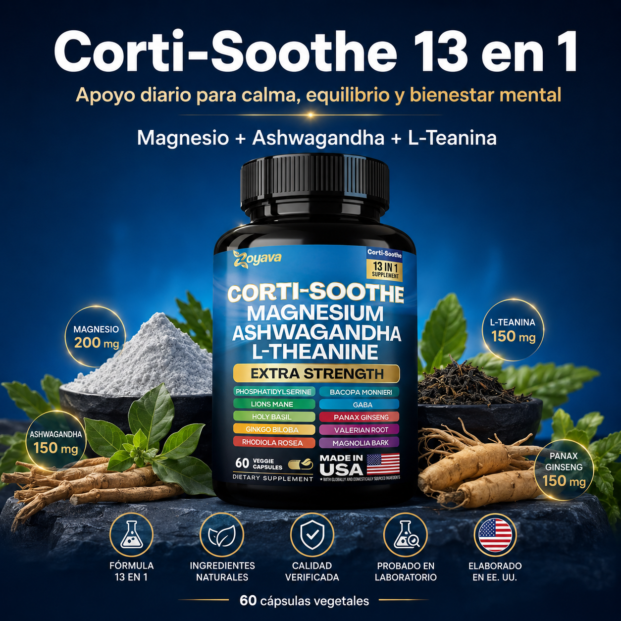 Zoyava Corti-Soothe 13 en 1, Suplemento Antiestrés con Magnesio, Ashwagandha, L-Teanina, GABA y Adaptógenos | Apoyo para Calma, Enfoque, Sueño y Equilibrio Emocional, 60 Cápsulas