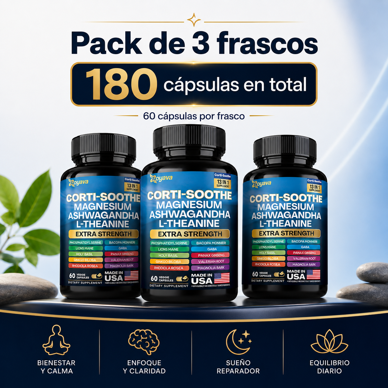 Zoyava Corti-Soothe 13 en 1, Suplemento Antiestrés con Magnesio, Ashwagandha, L-Teanina, GABA y Adaptógenos | Apoyo para Calma, Enfoque, Sueño y Equilibrio Emocional, 60 Cápsulas