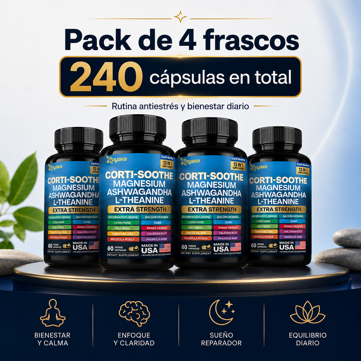 Zoyava Corti-Soothe 13 en 1, Suplemento Antiestrés con Magnesio, Ashwagandha, L-Teanina, GABA y Adaptógenos | Apoyo para Calma, Enfoque, Sueño y Equilibrio Emocional, 60 Cápsulas