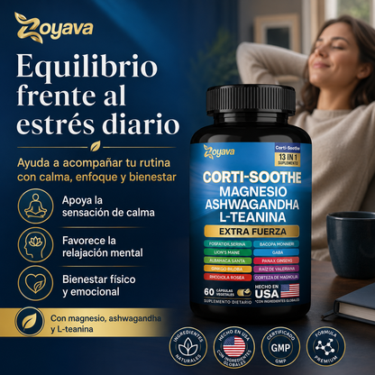 Zoyava Corti-Soothe 13 en 1, Suplemento Antiestrés con Magnesio, Ashwagandha, L-Teanina, GABA y Adaptógenos | Apoyo para Calma, Enfoque, Sueño y Equilibrio Emocional, 60 Cápsulas