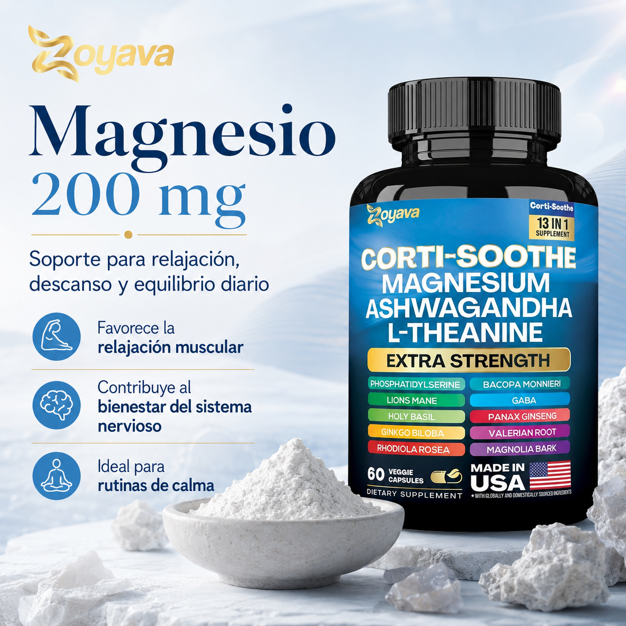 Zoyava Corti-Soothe 13 en 1, Suplemento Antiestrés con Magnesio, Ashwagandha, L-Teanina, GABA y Adaptógenos | Apoyo para Calma, Enfoque, Sueño y Equilibrio Emocional, 60 Cápsulas