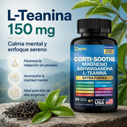 Zoyava Corti-Soothe 13 en 1, Suplemento Antiestrés con Magnesio, Ashwagandha, L-Teanina, GABA y Adaptógenos | Apoyo para Calma, Enfoque, Sueño y Equilibrio Emocional, 60 Cápsulas