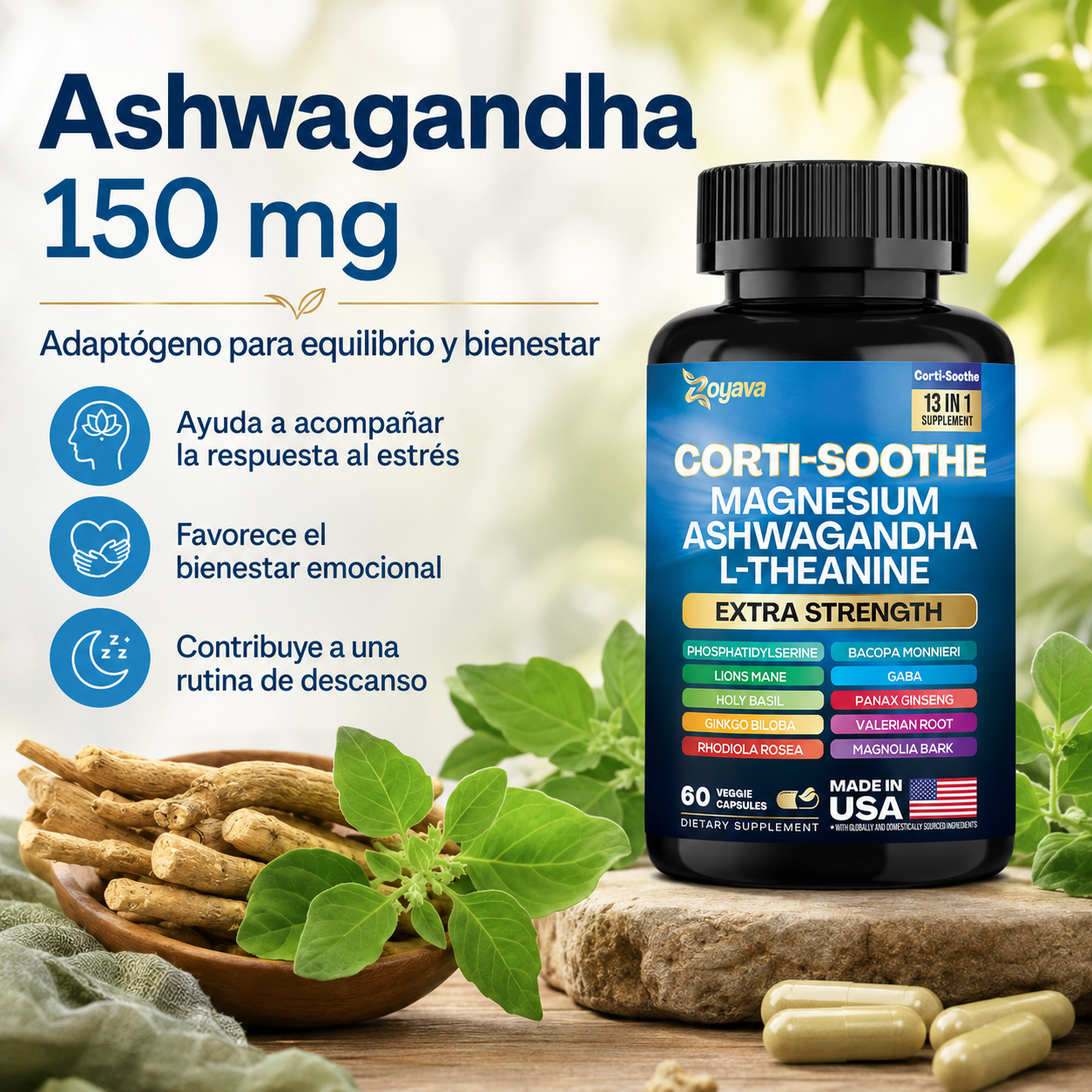 Zoyava Corti-Soothe 13 en 1, Suplemento Antiestrés con Magnesio, Ashwagandha, L-Teanina, GABA y Adaptógenos | Apoyo para Calma, Enfoque, Sueño y Equilibrio Emocional, 60 Cápsulas