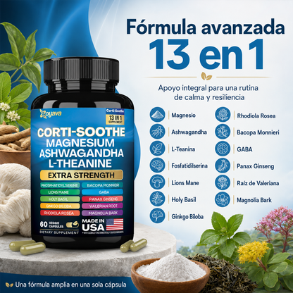 Zoyava Corti-Soothe 13 en 1, Suplemento Antiestrés con Magnesio, Ashwagandha, L-Teanina, GABA y Adaptógenos | Apoyo para Calma, Enfoque, Sueño y Equilibrio Emocional, 60 Cápsulas