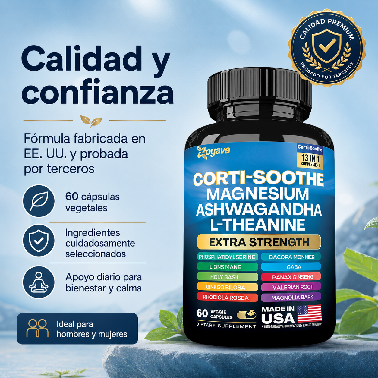 Zoyava Corti-Soothe 13 en 1, Suplemento Antiestrés con Magnesio, Ashwagandha, L-Teanina, GABA y Adaptógenos | Apoyo para Calma, Enfoque, Sueño y Equilibrio Emocional, 60 Cápsulas