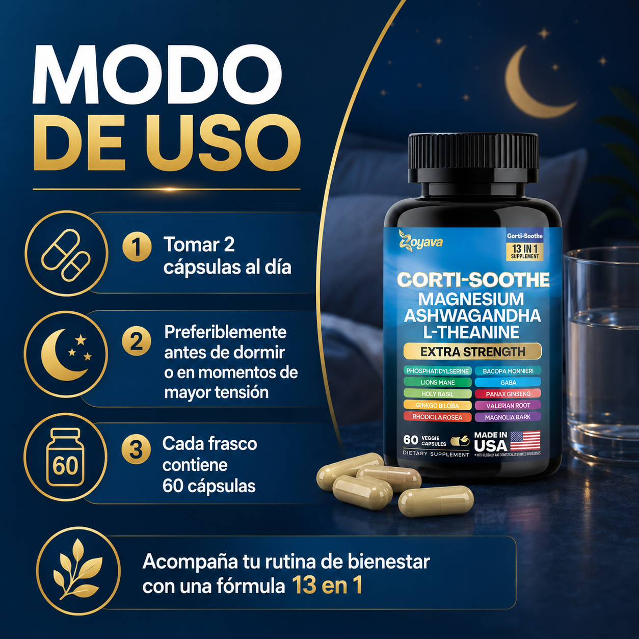 Zoyava Corti-Soothe 13 en 1, Suplemento Antiestrés con Magnesio, Ashwagandha, L-Teanina, GABA y Adaptógenos | Apoyo para Calma, Enfoque, Sueño y Equilibrio Emocional, 60 Cápsulas