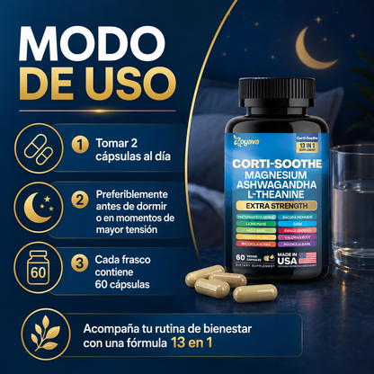 Zoyava Corti-Soothe 13 en 1, Suplemento Antiestrés con Magnesio, Ashwagandha, L-Teanina, GABA y Adaptógenos | Apoyo para Calma, Enfoque, Sueño y Equilibrio Emocional, 60 Cápsulas