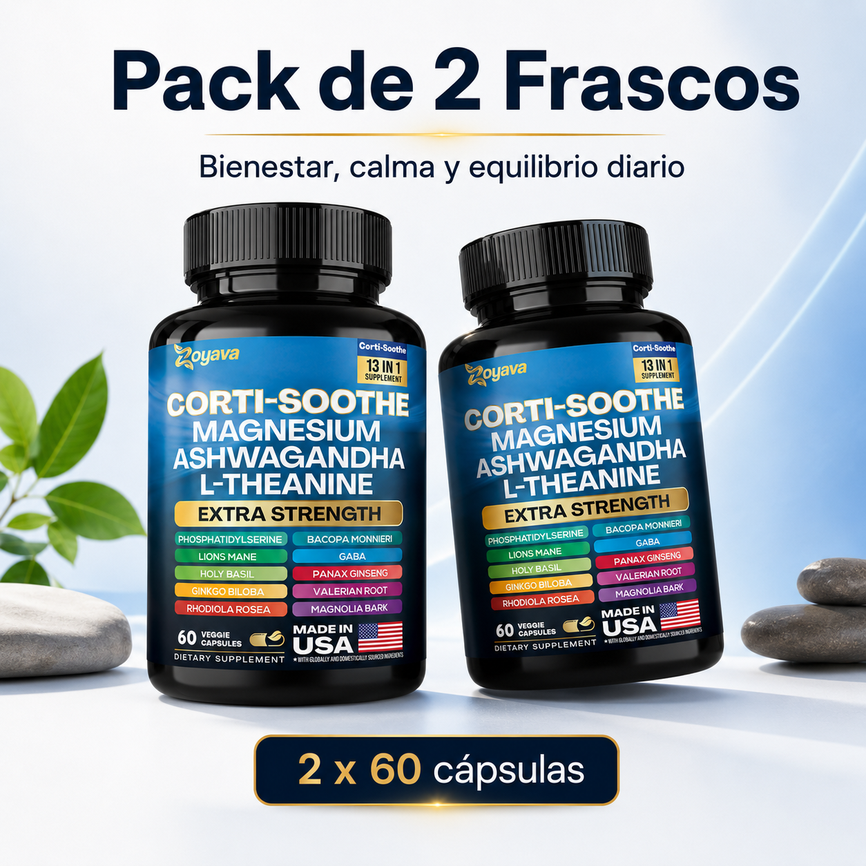 Zoyava Corti-Soothe 13 en 1, Suplemento Antiestrés con Magnesio, Ashwagandha, L-Teanina, GABA y Adaptógenos | Apoyo para Calma, Enfoque, Sueño y Equilibrio Emocional, 60 Cápsulas