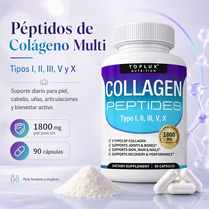 Toplux Colágeno Peptídico Múltiple 1800 mg – Complejo Premium Tipo I, II, III, V y X para Piel, Cabello, Uñas, Articulaciones y Bienestar Activo | 90 Cápsulas