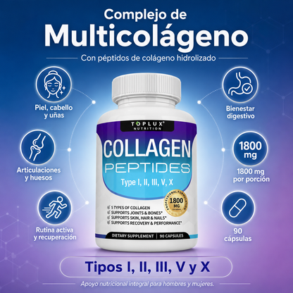 Toplux Colágeno Peptídico Múltiple 1800 mg – Complejo Premium Tipo I, II, III, V y X para Piel, Cabello, Uñas, Articulaciones y Bienestar Activo | 90 Cápsulas