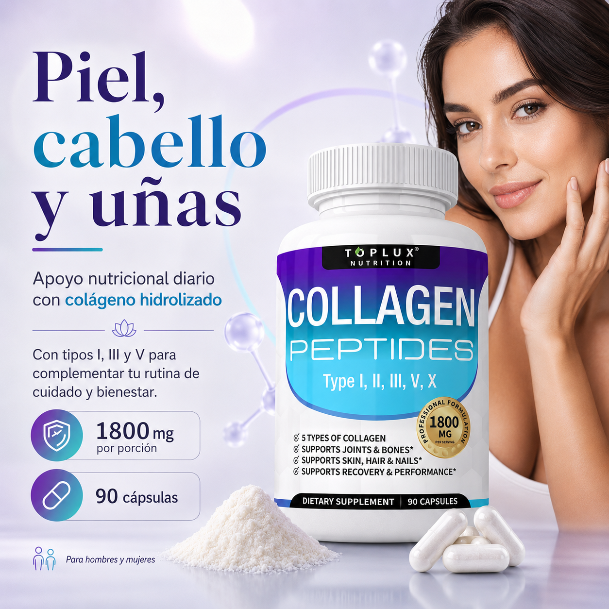 Toplux Colágeno Peptídico Múltiple 1800 mg – Complejo Premium Tipo I, II, III, V y X para Piel, Cabello, Uñas, Articulaciones y Bienestar Activo | 90 Cápsulas