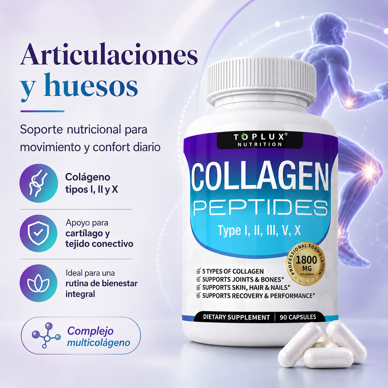 Toplux Colágeno Peptídico Múltiple 1800 mg – Complejo Premium Tipo I, II, III, V y X para Piel, Cabello, Uñas, Articulaciones y Bienestar Activo | 90 Cápsulas