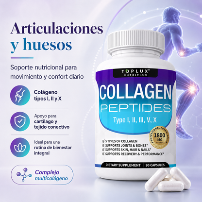 Toplux Colágeno Peptídico Múltiple 1800 mg – Complejo Premium Tipo I, II, III, V y X para Piel, Cabello, Uñas, Articulaciones y Bienestar Activo | 90 Cápsulas