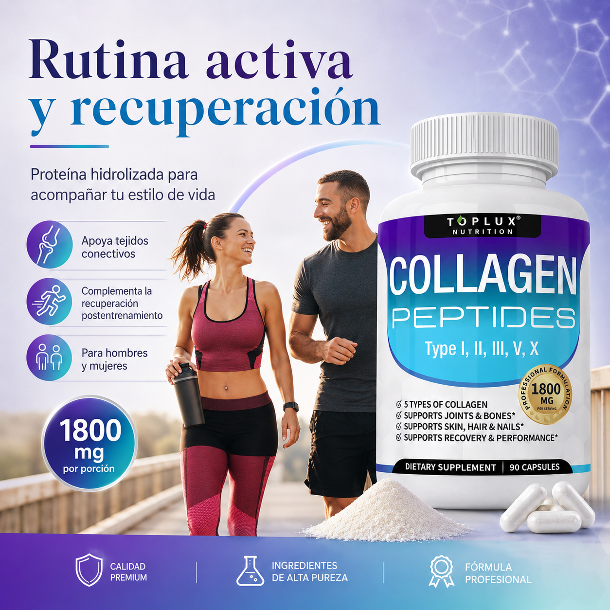 Toplux Colágeno Peptídico Múltiple 1800 mg – Complejo Premium Tipo I, II, III, V y X para Piel, Cabello, Uñas, Articulaciones y Bienestar Activo | 90 Cápsulas