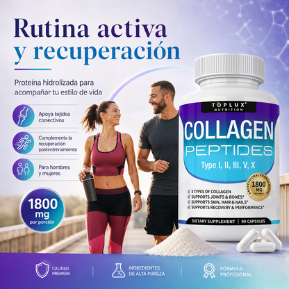 Toplux Colágeno Peptídico Múltiple 1800 mg – Complejo Premium Tipo I, II, III, V y X para Piel, Cabello, Uñas, Articulaciones y Bienestar Activo | 90 Cápsulas