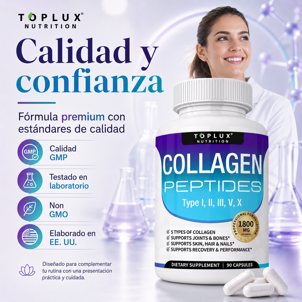 Toplux Colágeno Peptídico Múltiple 1800 mg – Complejo Premium Tipo I, II, III, V y X para Piel, Cabello, Uñas, Articulaciones y Bienestar Activo | 90 Cápsulas