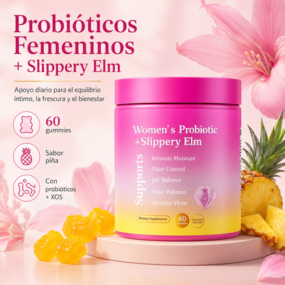 Probióticos Femeninos Gummies con Slippery Elm, XOS y Piña | Apoyo al pH, Flora Íntima, Frescura y Bienestar Diario – 60 Gummies