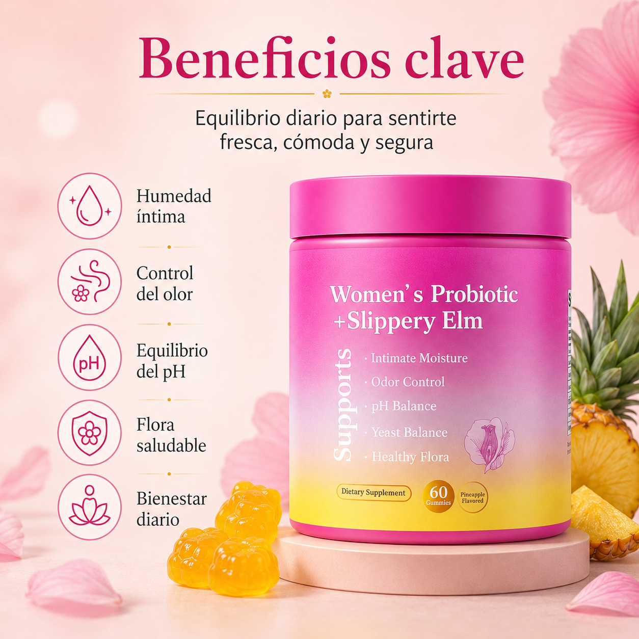 Probióticos Femeninos Gummies con Slippery Elm, XOS y Piña | Apoyo al pH, Flora Íntima, Frescura y Bienestar Diario – 60 Gummies