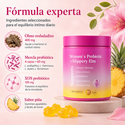 Probióticos Femeninos Gummies con Slippery Elm, XOS y Piña | Apoyo al pH, Flora Íntima, Frescura y Bienestar Diario – 60 Gummies