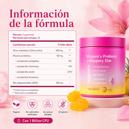 Probióticos Femeninos Gummies con Slippery Elm, XOS y Piña | Apoyo al pH, Flora Íntima, Frescura y Bienestar Diario – 60 Gummies