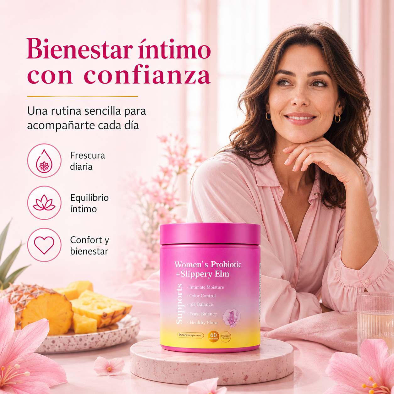 Probióticos Femeninos Gummies con Slippery Elm, XOS y Piña | Apoyo al pH, Flora Íntima, Frescura y Bienestar Diario – 60 Gummies