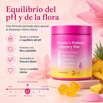 Probióticos Femeninos Gummies con Slippery Elm, XOS y Piña | Apoyo al pH, Flora Íntima, Frescura y Bienestar Diario – 60 Gummies