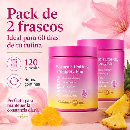 Probióticos Femeninos Gummies con Slippery Elm, XOS y Piña | Apoyo al pH, Flora Íntima, Frescura y Bienestar Diario – 60 Gummies