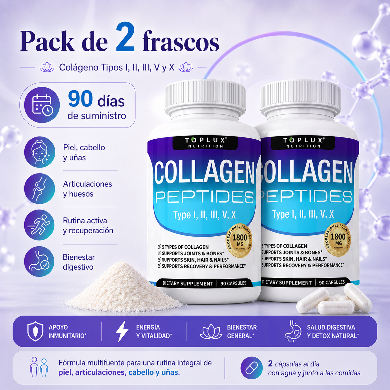 Toplux Colágeno Peptídico Múltiple 1800 mg – Complejo Premium Tipo I, II, III, V y X para Piel, Cabello, Uñas, Articulaciones y Bienestar Activo | 90 Cápsulas