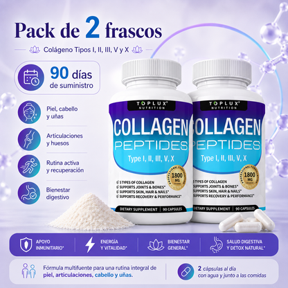Toplux Colágeno Peptídico Múltiple 1800 mg – Complejo Premium Tipo I, II, III, V y X para Piel, Cabello, Uñas, Articulaciones y Bienestar Activo | 90 Cápsulas