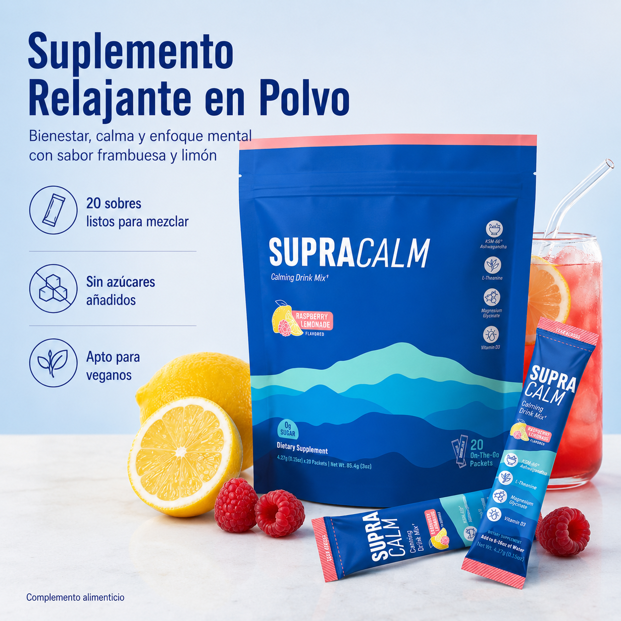 Supracalm Mezcla Relajante en Polvo con KSM-66® Ashwagandha, L-Teanina, Magnesio Glicinato y Vitamina D3 – Sabor Frambuesa y Limón