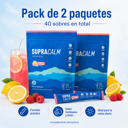 Supracalm Mezcla Relajante en Polvo con KSM-66® Ashwagandha, L-Teanina, Magnesio Glicinato y Vitamina D3 – Sabor Frambuesa y Limón