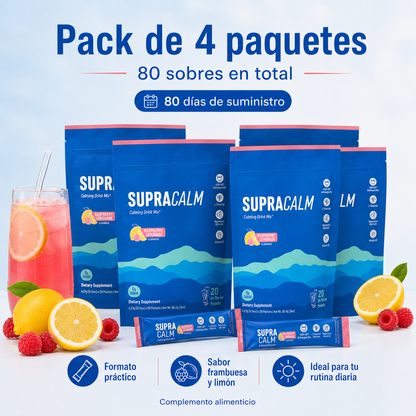 Supracalm Mezcla Relajante en Polvo con KSM-66® Ashwagandha, L-Teanina, Magnesio Glicinato y Vitamina D3 – Sabor Frambuesa y Limón