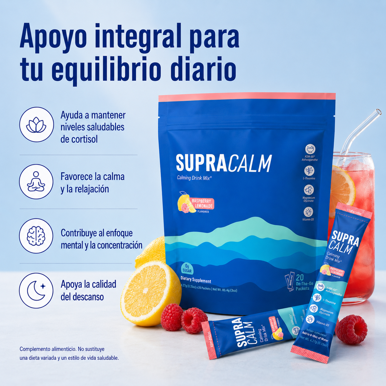 Supracalm Mezcla Relajante en Polvo con KSM-66® Ashwagandha, L-Teanina, Magnesio Glicinato y Vitamina D3 – Sabor Frambuesa y Limón